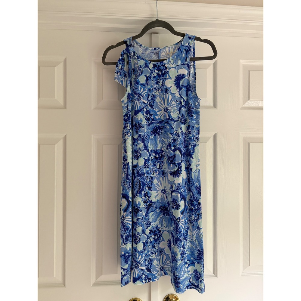Lilly Pulitzer Blue Floral Pima Cotton Tie Shoulder Sleeveless Dress XS